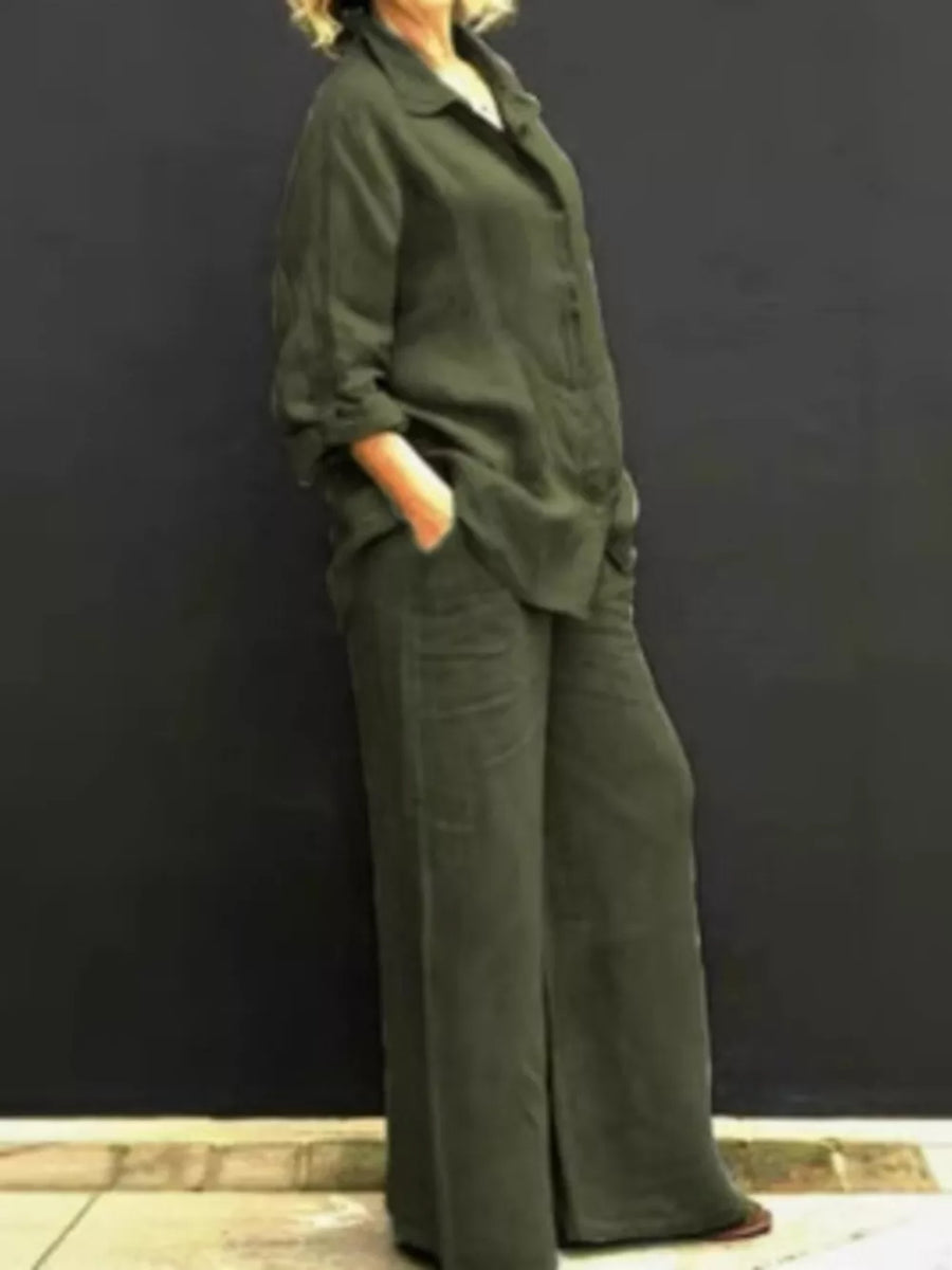Army green relaxed two-piece set with buttoned collared top and wide-leg pants.