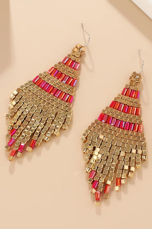 Geometric beaded fringe earrings with gold and red beads.