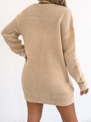 romantic sweater dress in Apricot Color with v-neck