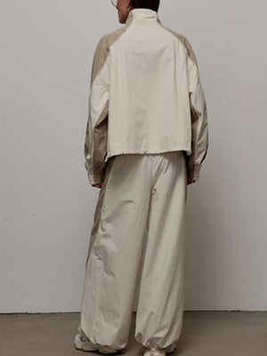 White with Color Block Zip Up Outerwear And Pants Set