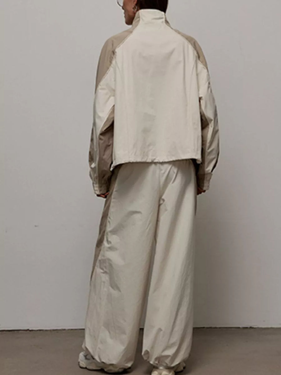 White with Color Block Zip Up Outerwear And Pants Set