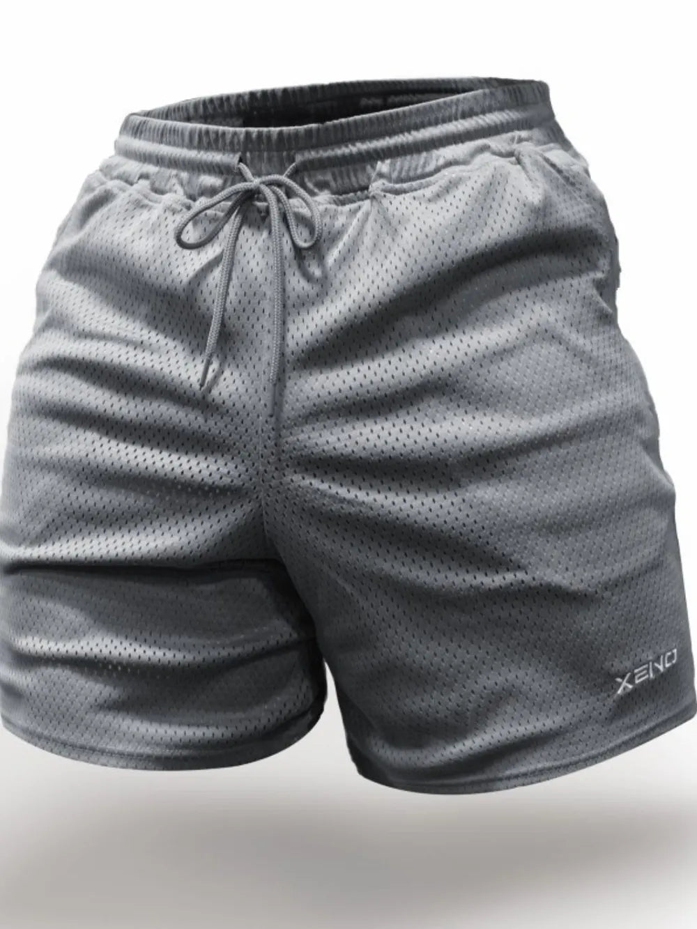 Gray performance mesh drawstring shorts with logo detail