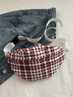 Textured houndstooth belt bag in Deep Red with adjustable white strap