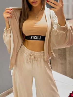 Zip Up Cropped Outerwear And Pants Set in Apricot, view 19