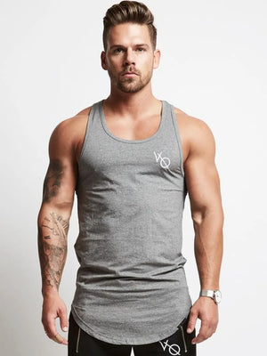 Men's gray racerback tank top with roundneck and white logo detail.