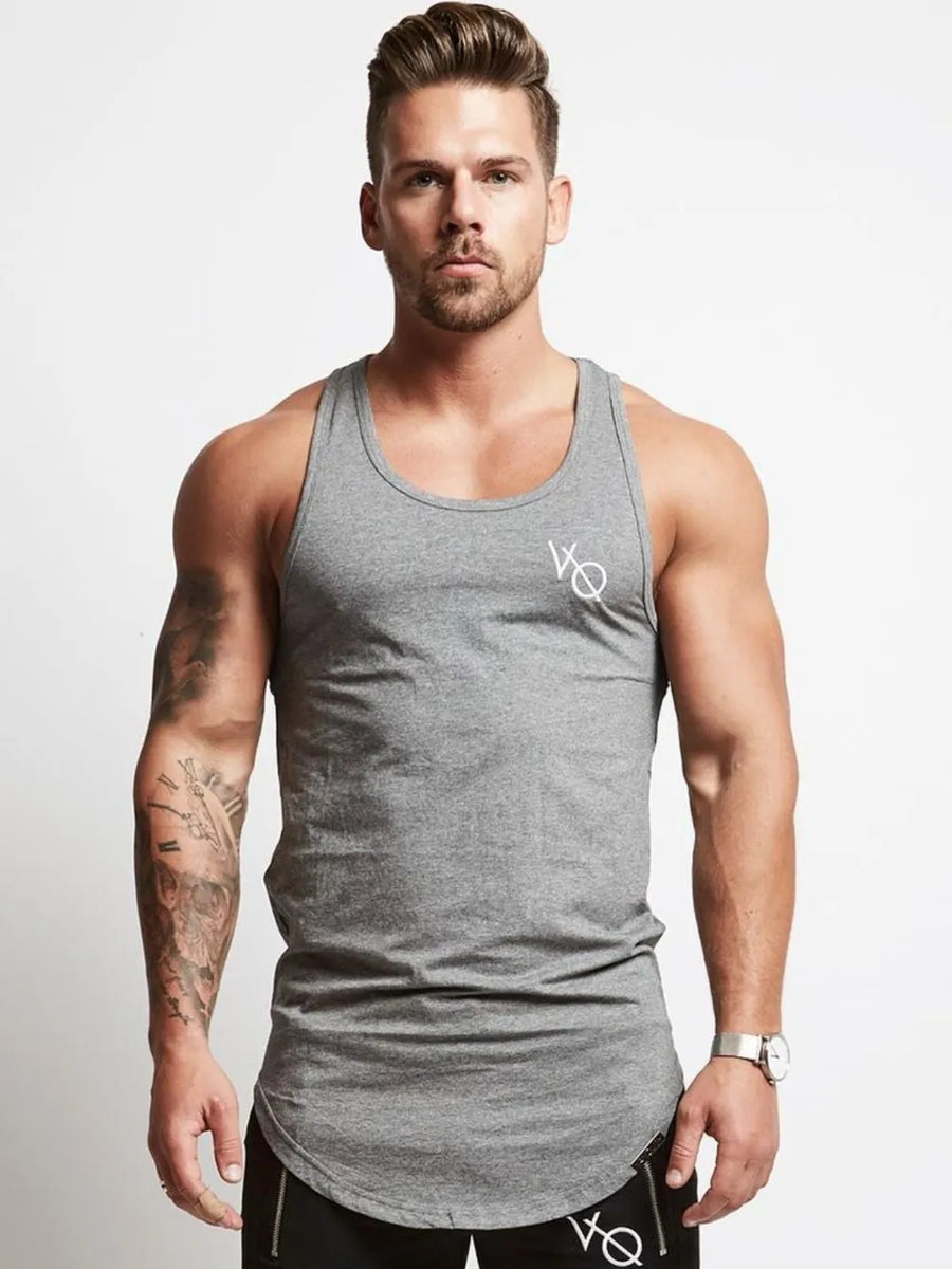 Men's gray racerback tank top with roundneck and white logo detail.