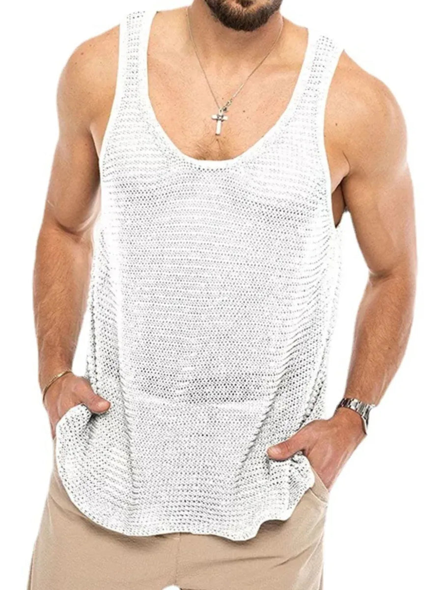 White open-knit scoop neck tank top with a relaxed fit.
