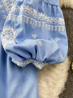 Blue balloon sleeve blouse with intricate white embroidery and tie neck detail.