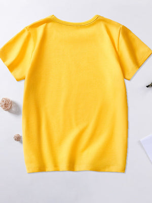 Yellow cotton crew neck toddler t-shirt with short sleeves.