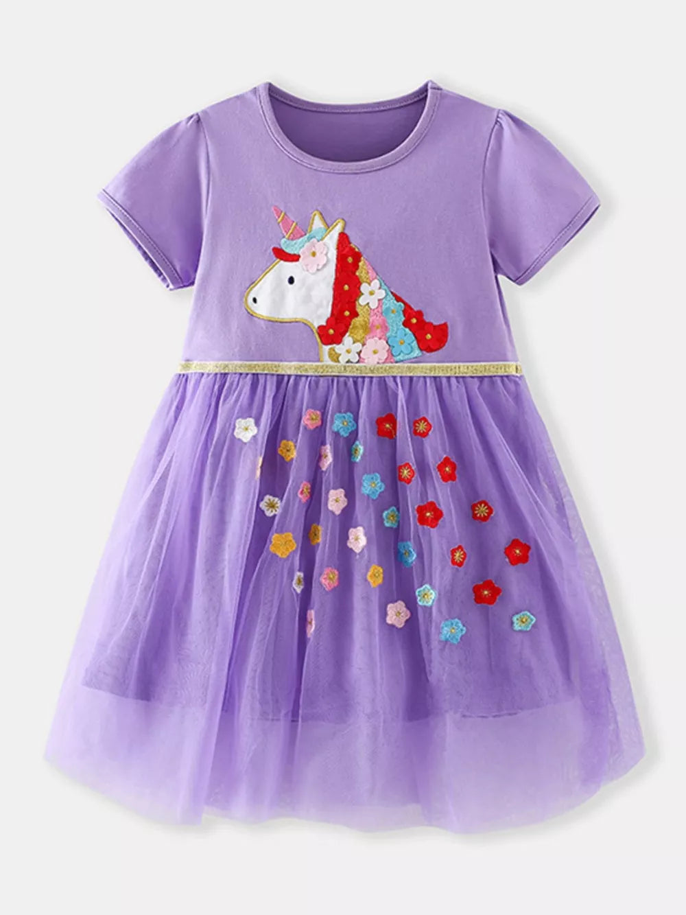 Purple tulle dress with unicorn embroidery and floral appliques.