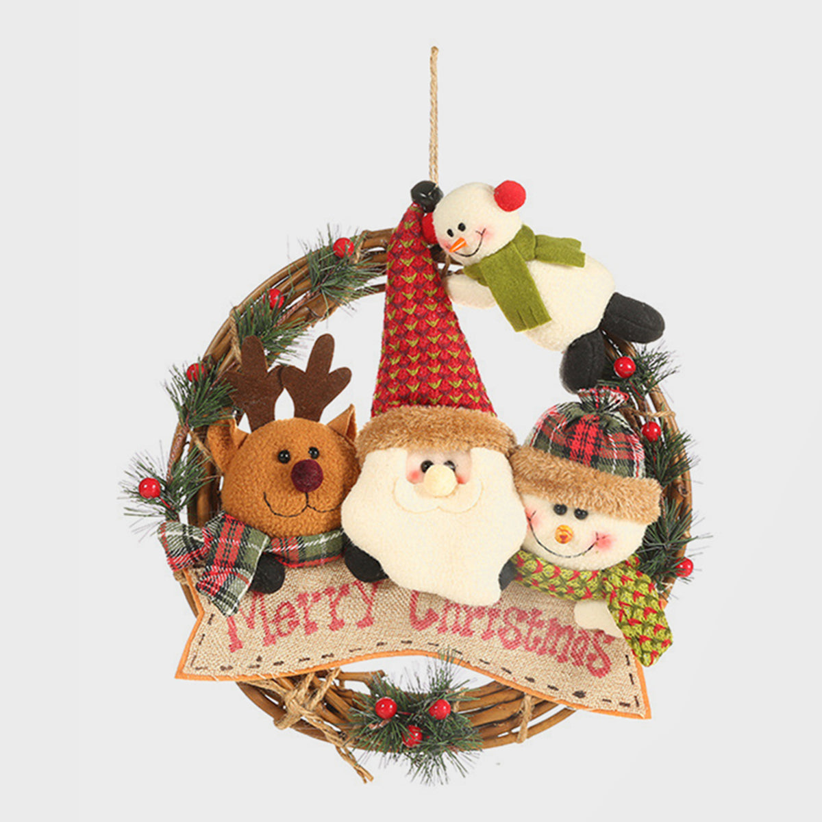 Festive Christmas wreath with plush Santa, reindeer, snowman characters and Merry Christmas banner.