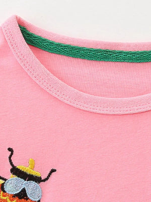 Blush pink toddler dress with bee appliqué and ruffled neckline detail.