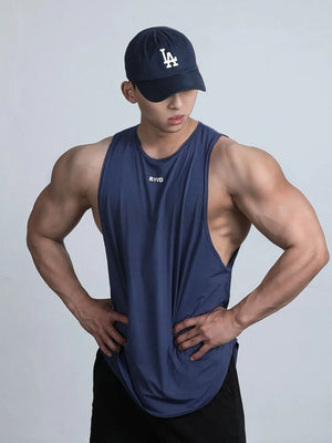 Navy performance cut tank top with white logo detail and athletic fit