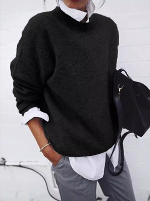 Full Size Round Neck Long Sleeve Sweater in Gray with stretch