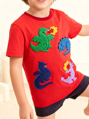 Red cotton t-shirt with colorful dinosaur appliques for toddlers