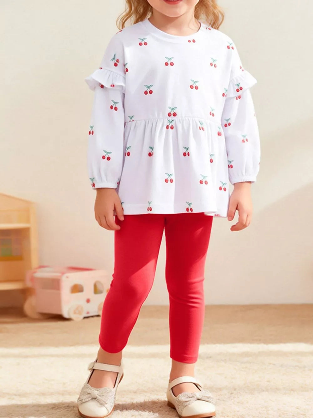 Multicolor Children's Cherry Print Ruffle Sleeve Top And Leggings Set