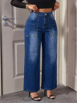 73% Cotton, 14% Rayon, 11% Polyester, 2% Spandex Care instructions: Machine wash wide-leg jeans in indigo blue with flared