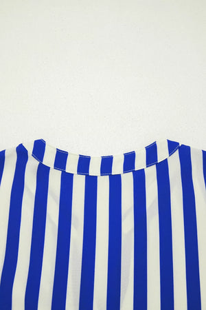 Blue and white striped button-down shirt with balloon sleeves and a collared neckline.