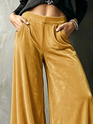 High-Waisted Wide-Leg Velvet Pants Plus Size in Army Green with pocketed