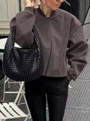 streetwear bomber jacket in charcoal brown with collared