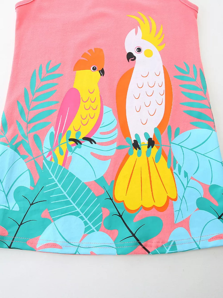 Toddler pink cotton dress with tropical parrot and leaf print.