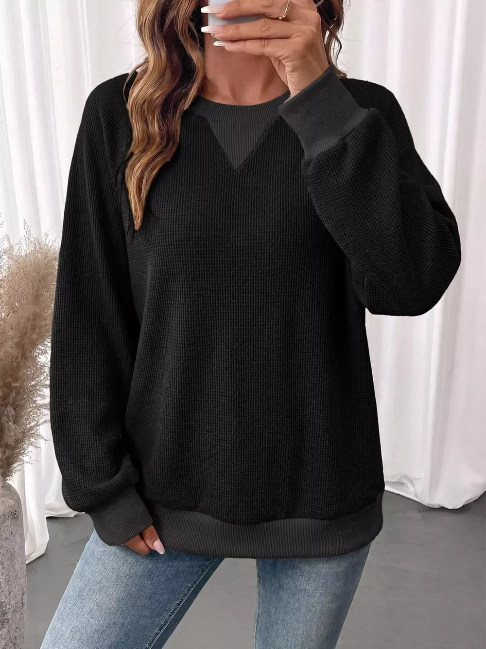 blush pink sweatshirt with ribbed cuffs and long sleeve