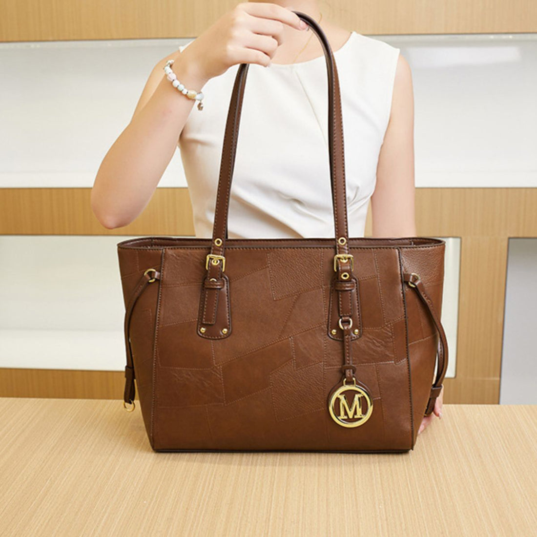 brown PU Leather Imported Size &amp tote with patchwork and open-top