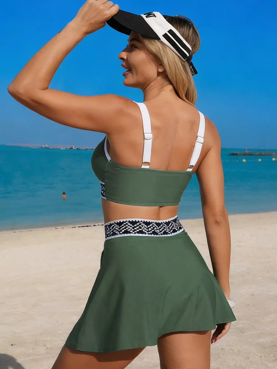 Army green tank top and skort set with white straps and patterned trim