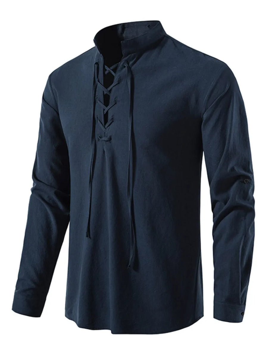 Peacock Blue linen lace-up shirt with mandarin collar and long sleeves