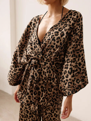 brown lounge set featuring pocketed and leopard