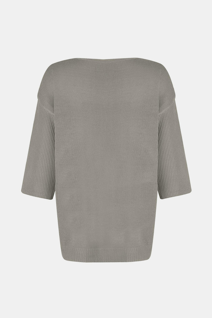Gray knit sweater with flared sleeves and V-neck