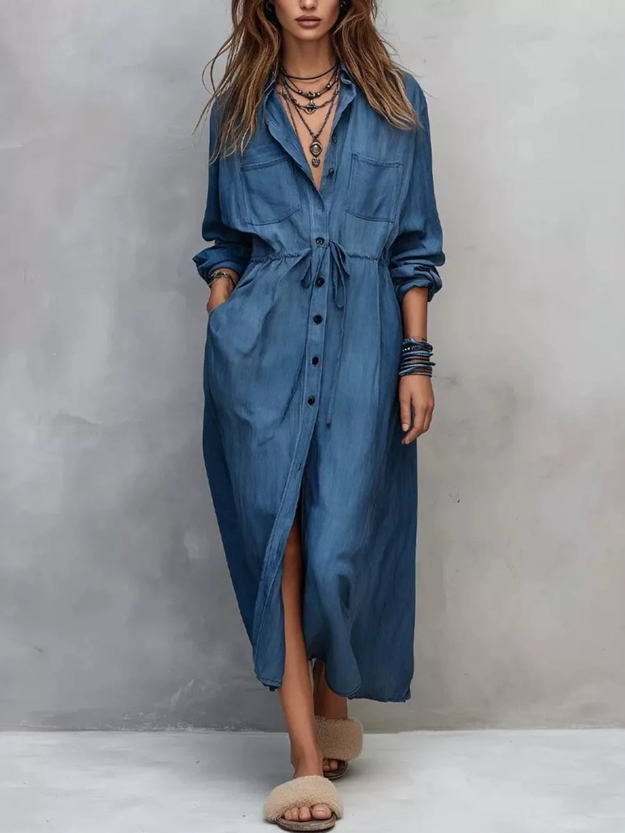 Apricot Full Size Button Front Long Sleeve Shirt Dress Plus Size