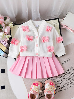 Children's Bow Button Up Cardigan And Pleated Skirt Set in Pink