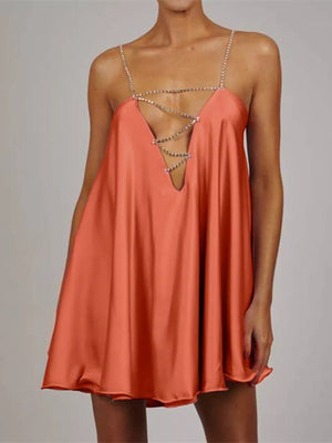 Rhinestone Embellished Plunge Mini Dress in Black with backless
