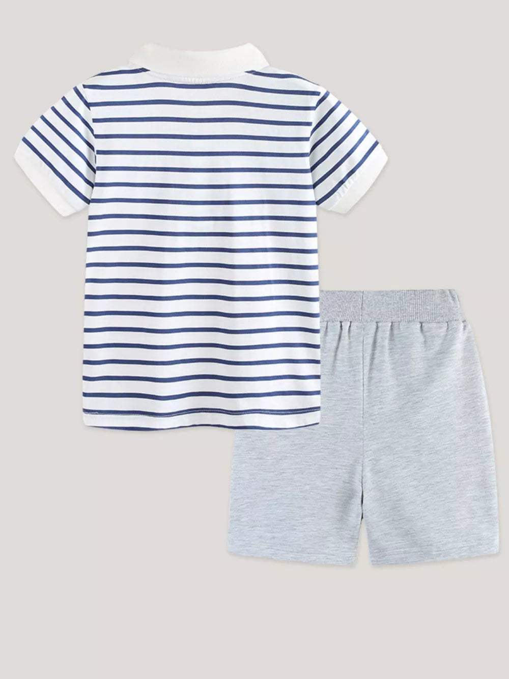 Boys' striped polo shirt and grey shorts set, comfortable cotton.