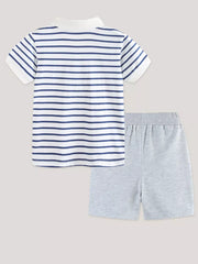 Boys' striped polo shirt and grey shorts set, comfortable cotton.