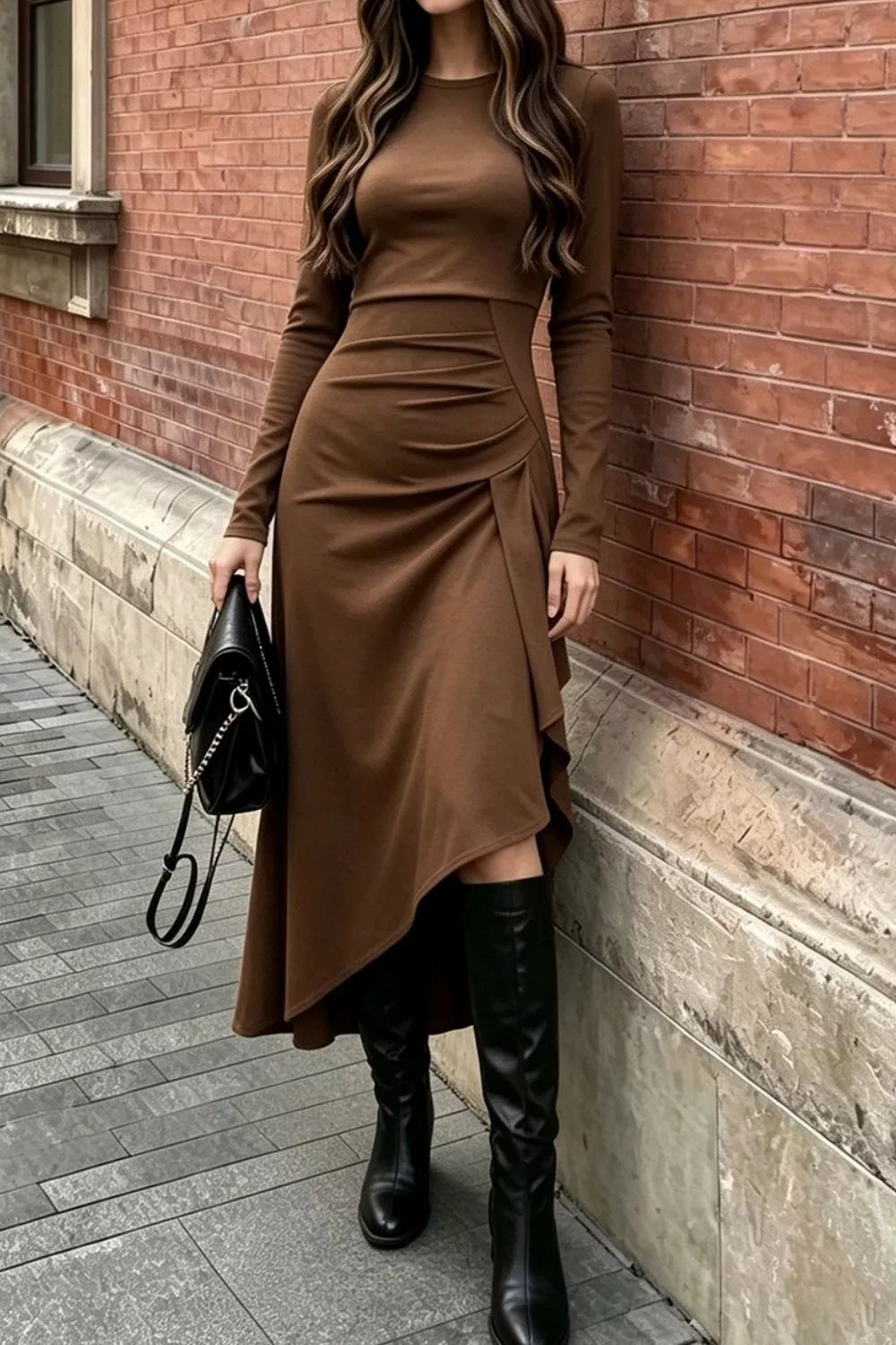 Brown Ruched Asymmetrical Hem Long Sleeve Dress
