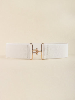 White elastic belt with sculpted gold buckle