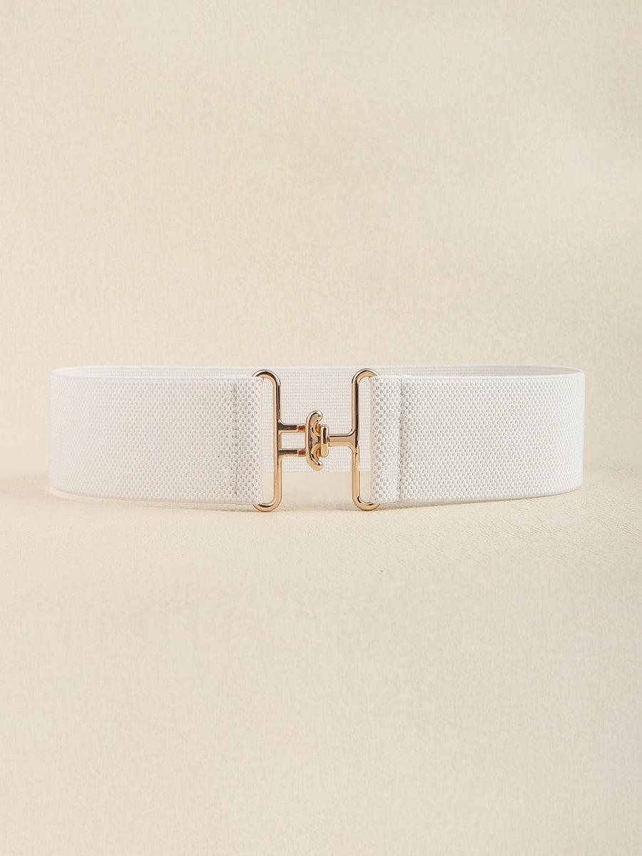 White elastic belt with sculpted gold buckle