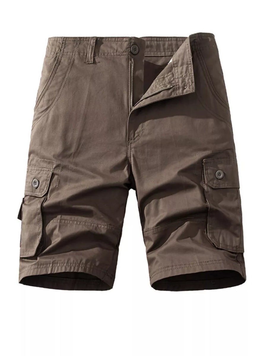 Brown men's cargo shorts with button fly and multiple pockets.