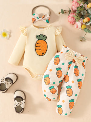 Baby girl's yellow carrot print three-piece set with ruffles and bow headband.