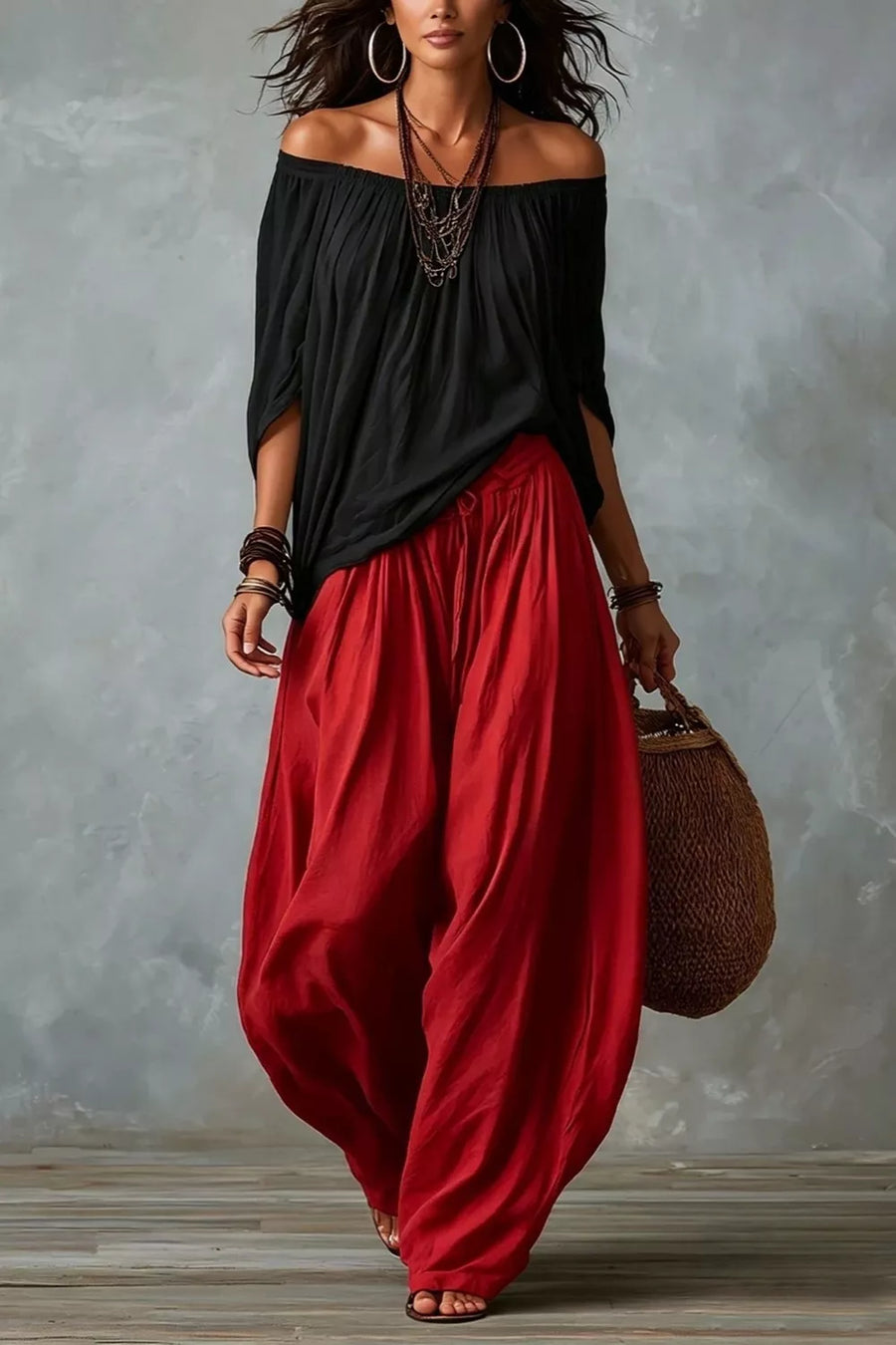 Dusty Pink Off-shoulder Top And Wide-leg Pants Set Plus Size