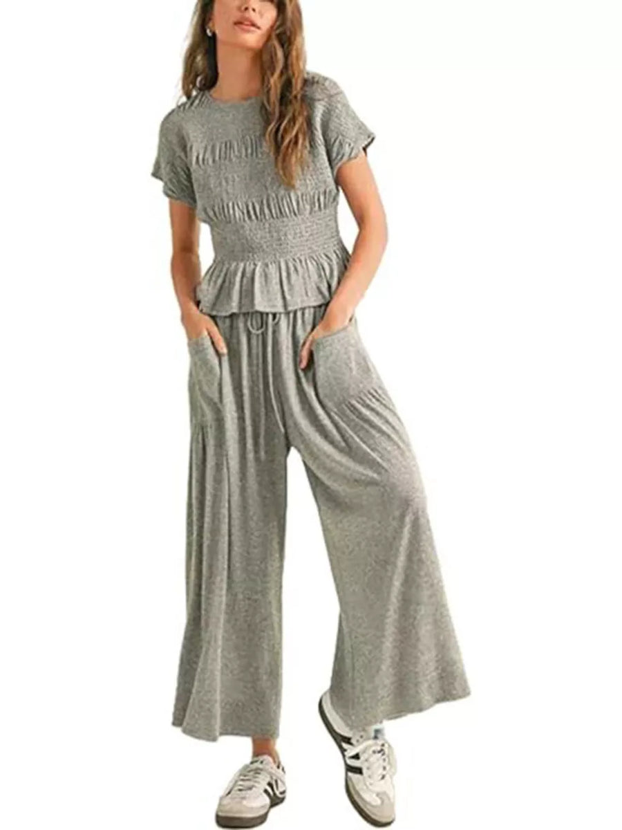 Smocked Peplum Top And Wide-leg Pants Set in Blue
