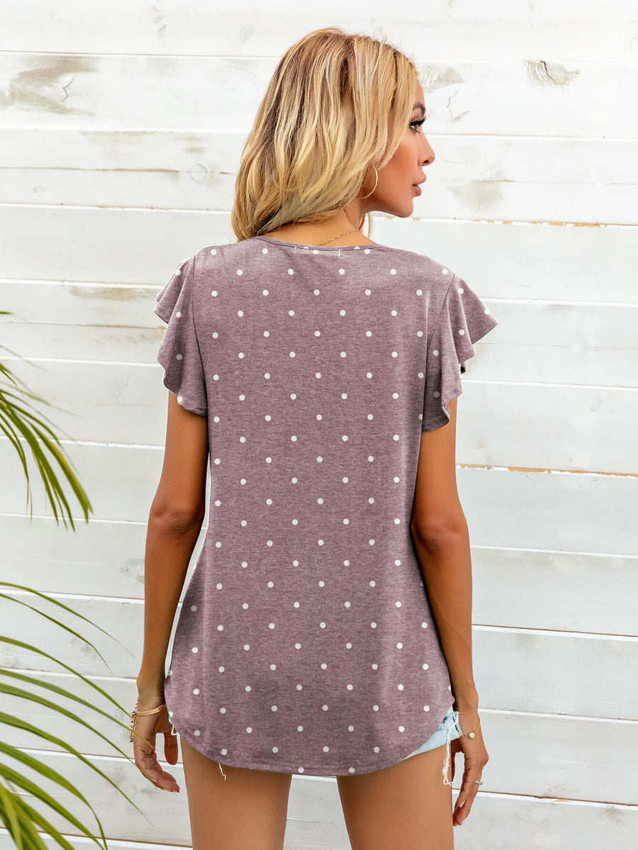 Ruffled sleeve tee in Light Mauve with white polka dots.
