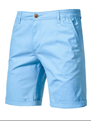 Relaxed-fit chino shorts in Pastel Blue with elastic waist and cuffed hem.