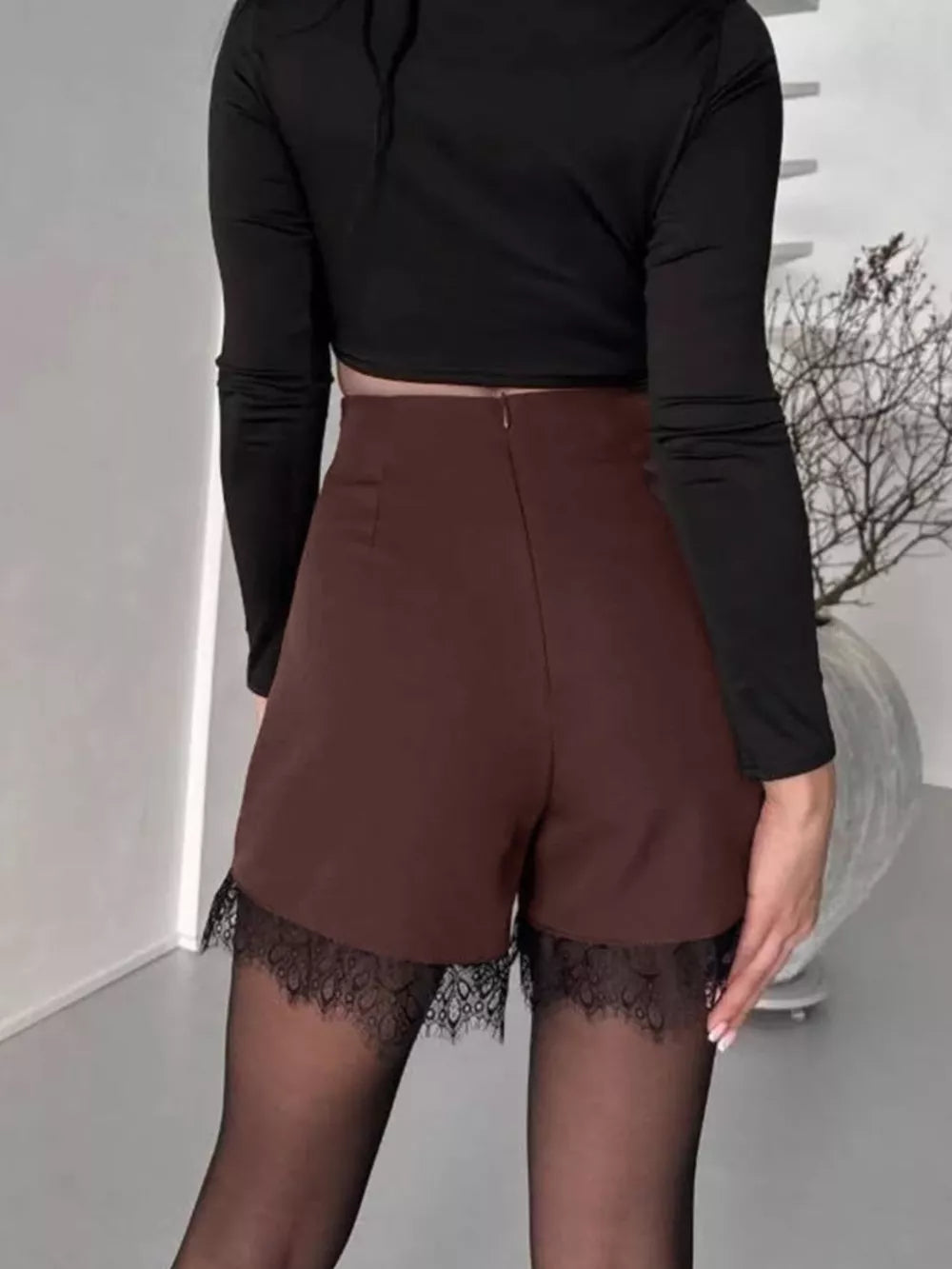 High-waisted Lace Hem Skort in Gray with lace