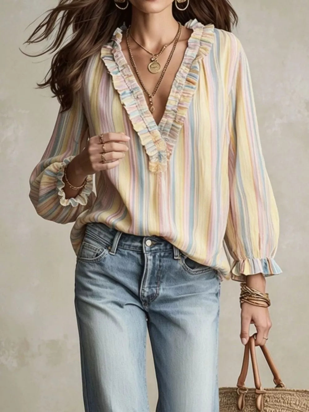 Multicolor Striped V-neck Long Sleeve Blouse