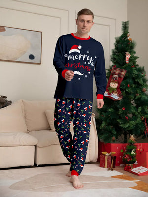 navy blue pajama set with crew neck and long sleeve