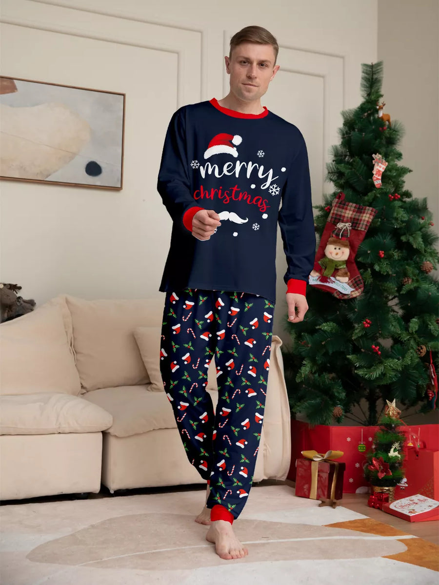 navy blue pajama set with crew neck and long sleeve
