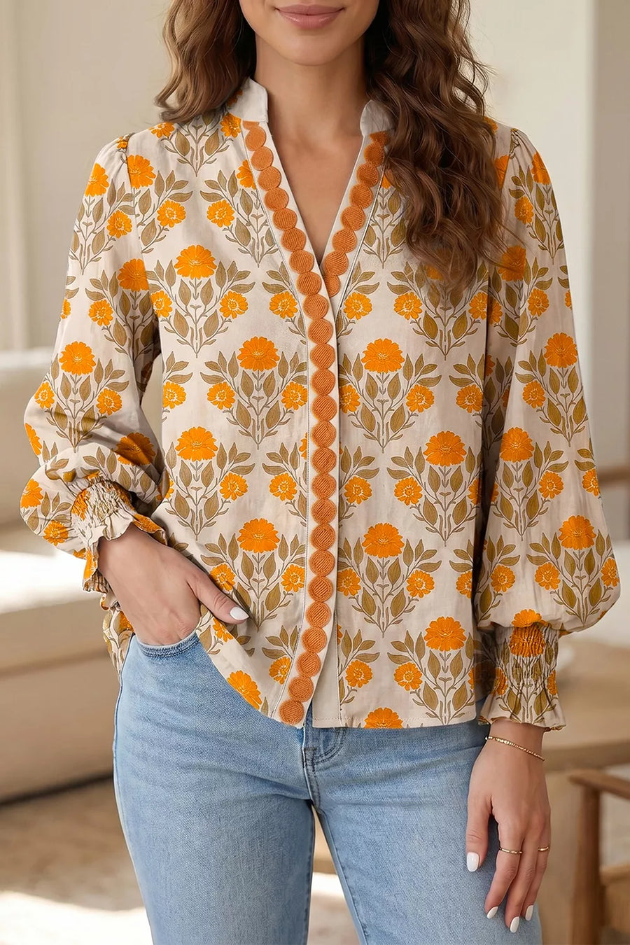 Sherbet with Floral Print V Neck Long Sleeve Top